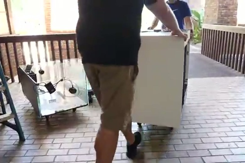 Carrying a tall cabinet up to the door